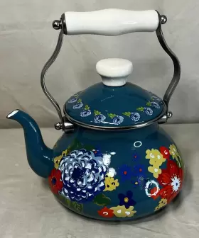 3112joc Pioneer Woman Tea Kettle Teapot Dazzling Dahlias Enamel Steel Teal Blue Floral