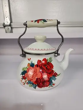 3218joc Pioneer Woman The Cheerful Rose Pattern Enamel On Steel Tea Kettle Pot