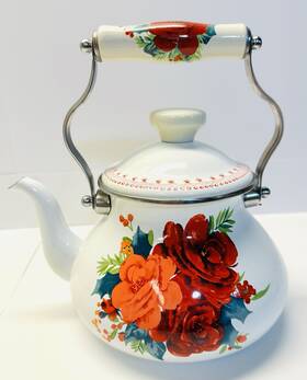 Pioneer Woman 33181joc Floral Enamel Tea Kettle 10 Inch Red Flowers Vintage Style Farmhouse