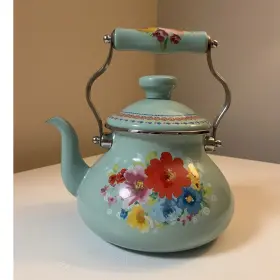 Pwf096881814200 Pioneer Woman Breezy Blossom Stove Top Kettle 1.9 Quart Light Blue Floral Enamel
