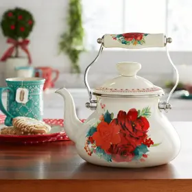 Pws342769314225 Pioneer Woman Tea Kettle Cheerful Rose Enamel On Steel 1.9 Quart Floral White Red