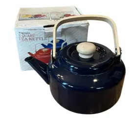 Progressive 078915003188 2 Quart Tea Kettle Blue Porcelain Enamel Wood Handle Knob Pot