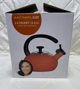 Rachael Ray 051153541728 New Orange Enamel Whistling Tea Kettle Hook Handle 1.5 Quart
