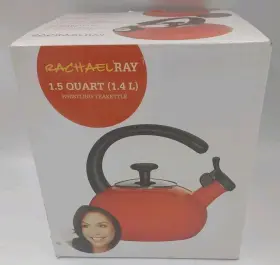 Rachael Ray 051153549342 New Enamel Whistling Tea Kettle 1.5 Quart Orange With Lrg Handle Nib