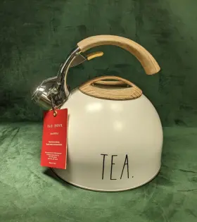 Rdtk01 Rae Dunn New Stovetop Whistling Kettle Inch Tea White Faux Wood Handle Lid 2.5 Qt