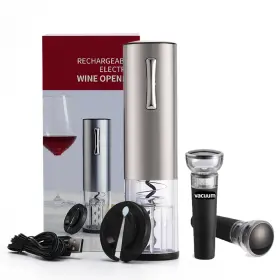 Saraudy 029082576562 Electric Wine Opener Set Rechargeable With 2 Vacuum Small Silver