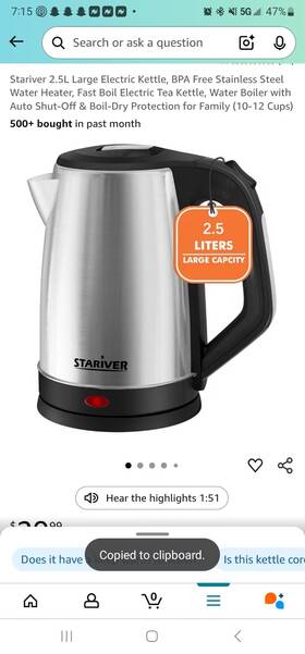 Stariver Glh-250b Electric Kettle 2.5l Stainless Steel Bpa-free Auto Shut-off