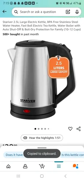 Glh-250b Stariver Electric Kettle 2.5l Stainless Steel Bpa-free Auto Shut-off