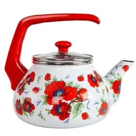 Stp Goods 691766017632 Enameled Aluminum Tea Kettle Poppies Enamel 2.3 Quart 2.2 L Hot Water Teak
