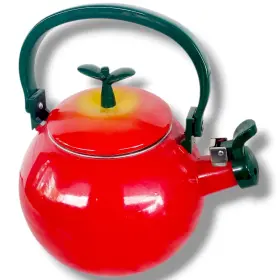 Supreme Housewares 795110715097 Vintage Apple Shaped Tea Kettle Whistling Red Enamel Teapot Green Handle Kitchen