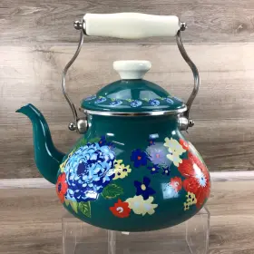 The Pioneer Woman 445004719757 Dazzling Dahlias Enamel On Steel 2 Quart Tea Kettle Teal