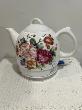 21568 Ul Ceramic Electric Tea Water Kettle Pot With Floral Rose Temp White