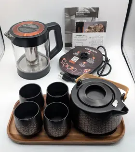 Ket-100bk Viant Electric Kettle Tea Set Ceramic Pot Cups And Bamboo Tray Black - Read