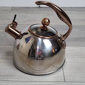 Viking 40018-9339chht 2.6 Quart Whistling Tea Kettle Stainless Steel 3 Ply Base Copper Trim Tested