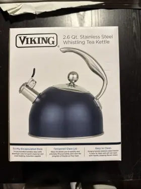 40018-9339sbluc Viking 2.6 Quart Stainless Steel Whistling Tea Kettle Matte Navy Blue Tri-ply Base