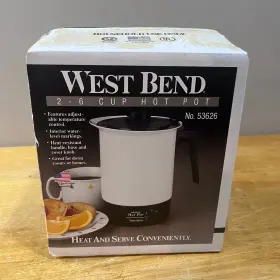 53626 West Bend Vtg 2-6 Cup Electric Hot Pot White Black Retro Made In Usa Nos