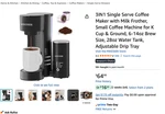 Mikesier 1 Single Serve Coffee Maker With Milk Frother ZJ-CM36A02, Open Box. Price: $37.99.