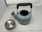 Enamel-on-steel Mountain Village Teakettle (1.4 Qt.), Fog Grey New. Price: $84.95.
