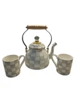 New Box Mackenzie Childs 2QT Tea Kettle & Two Mugs Set Sterling Check. Price: $159.00.