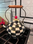 Mackenzie-childs Courtly Check Whistling Enamel Tea Kettle Used. Price: $120.00.