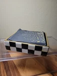 Mackenzie-childs Courtly Check Ceramic Cocktail Square Napkin Holder Gold Rim Used. Price: $77.77.