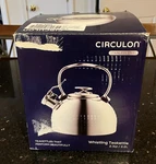 Circulon 2.3-QUART Whistling Teakettle With Flip-up Spout Open. Price: $45.00.