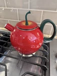 Vintage Copco Red Apple Enamel Teapot Kettle 2.5 Qt Used. Price: $35.00.