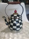 Mackenzie Childs 2 Quart Tea Kettle Courtly Check Wooden Handle Black Interior Used. Price: $75.00.