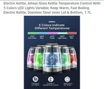 Electric Kettle, Aiheal Glass Temperature Control With 5 Colors Led Light New. Price: $29.99.