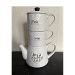 Creative Co-op White Ceramic Set You Me And Cuppa Teapot Cups Lid Used. Price: $20.00.