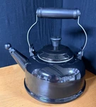 Vintage Creuset Whistling Tea Pot Kettle Black Enamel Patent Pending 1.7 Qt Used. Price: $43.00.