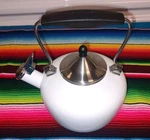 Chantal Victoria Whistling White Enamel Tea Kettle 1.8 Qt Used. Price: $84.99.