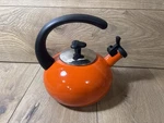 Rachael Ray Orange Enamel Whistling Tea Kettle, 1.5 Quart, Large Top Handle Used. Price: $39.99.