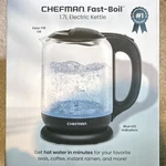 Chefman Fast-boil Glass Electric Kettle 1.7L, Blue Led, Clear/black New. Price: $10.00.