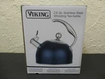 Viking 2.6 Qt Stainless Steel Whistling Tea Kettle Pot Blue Open. Price: $100.00.