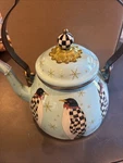 Mackenzie-childs Penguin Parade Enamel Kettle 2QT Light Blue New Box. Price: $150.00.