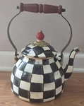 Mackenzie Childs 2 Quart Tea Kettle Courtly Check Wooden Handle Cream Interior Used. Price: $80.00.
