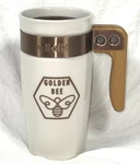 Ello Fulton Golden Bee Ceramic Travel Mug Cup Wood Handle Splash Resistant Lid Used. Price: $16.30.