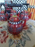 Mackenzie-childs Kilted Tea Kettle Colkective With Courtly Check Open. Price: $325.00.