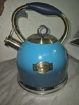 Luxgrace Blue Stainless Steel Whistling Tea Kettle With Brass Handle Used. Price: $22.00.
