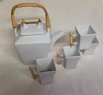 Joyce Chen White Ceramic Teapot & 4 Square Cups Set Bamboo Handles Modern Asian Used. Price: $23.89.