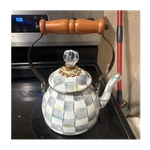 Mackenzie-childs Enamel Stove Top Tea Kettle White/gray Wood Ergonomic Handle Used. Price: $75.00.