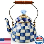 Mackenzie-childs Enamel Tea Kettle, 2-QUART Royal Check Stovetop, Blue/white New. Price: $254.92.