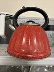 Vintage Dolly Parton 3.3QT Whistling Red Speckled Enamelware Tea Kettle Euc Used. Price: $39.90.