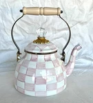 Mackenzie-childs Rosy Check Enamel Tea Kettle 2 Quart, New In Box. Price: $145.99.