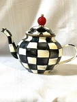 Mackenzie-childs Courtly Check Teapot Lid Black White Red Finial Ceramic 4CUP Used. Price: $129.00.