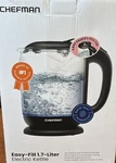 Chefman Cordless Glass 1.7L Electric Kettle 1100 Watt Open. Price: $18.00.