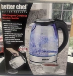 Better Chef 1500W 7-CUP Cordless Electric Borosilicate Glass Kettle Led Light Open. Price: $37.00.