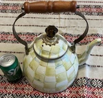 Mackenzie Childs Parchment Check Enamel Tea Kettle Retired 3 Qt Used. Price: $125.00.