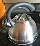 Creative Home Whistling Tea Kettle Stainless Steel 2.3 Qt 9 Cups Black Handle Used. Price: $14.75.